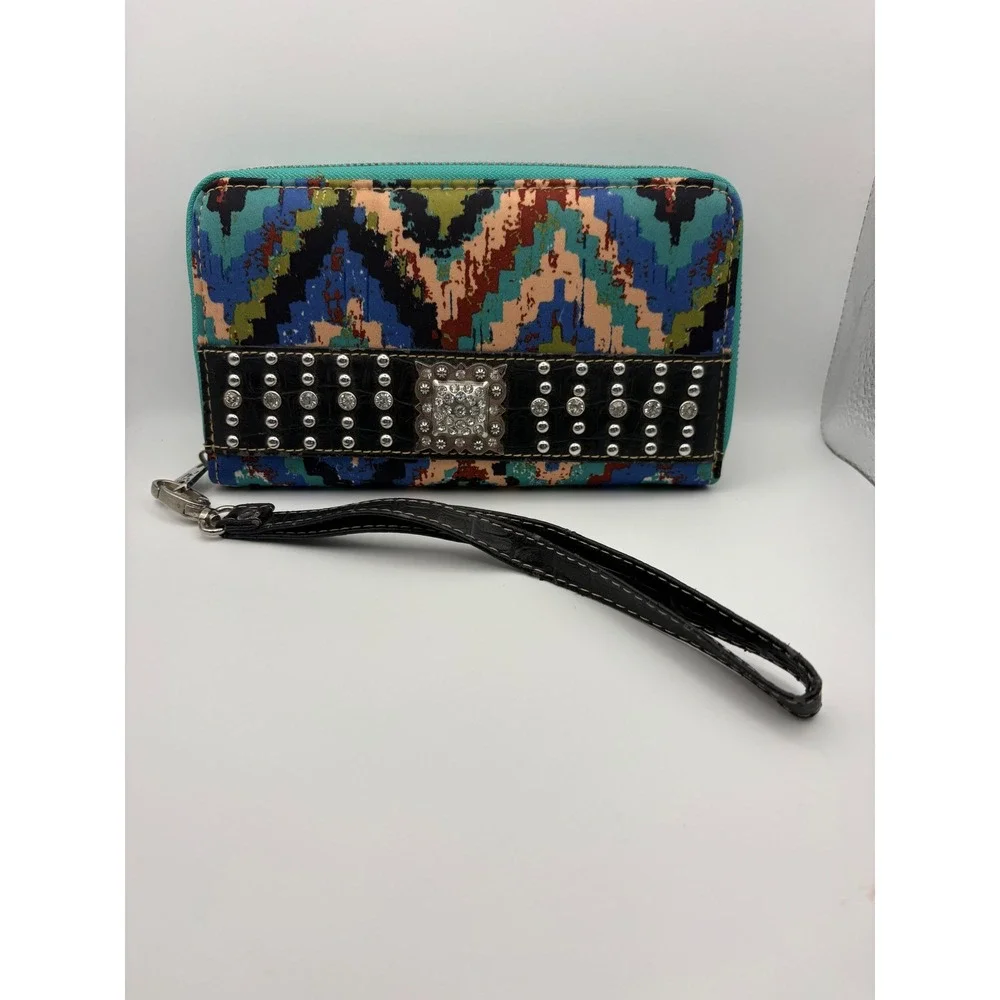 Montana West Aztec Print Wristlet Wallet Blue Turquoise‎ Studded Concho